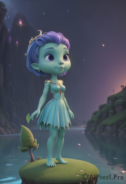 1girl,solo,breasts,smile,short hair,blue eyes,hair ornament,dress,jewelry,closed mouth,standing,purple eyes,full body,purple hair,earrings,small breasts,outdoors,barefoot,pointy ears,water,white dress,night,blue dress,colored skin,animal,aged down,child,forehead,blue skin,green skin,forehead jewel,lily pad,fewer digits,goblin,blue hair,bird,pond