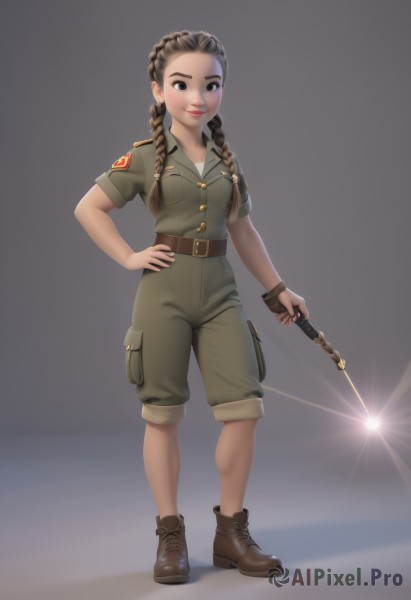 1girl,solo,long hair,breasts,looking at viewer,smile,simple background,brown hair,shirt,holding,brown eyes,closed mouth,standing,full body,weapon,braid,short sleeves,boots,shorts,belt,pants,grey background,holding weapon,uniform,black eyes,twin braids,lips,hand on hip,military,military uniform,shadow,brown footwear,pocket,green shirt,ankle boots,brown belt,breast pocket,green shorts,green pants,world war ii