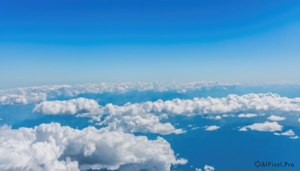 1girl,solo,long hair,dress,monochrome,outdoors,sky,day,cloud,white dress,blue sky,no humans,cloudy sky,scenery,flying,blue theme,horizon,above clouds,very wide shot,signature,landscape