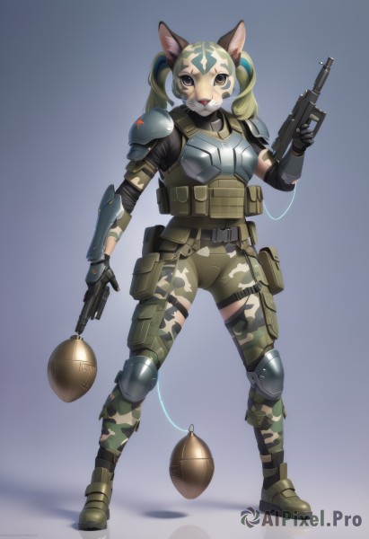 1girl,solo,long hair,looking at viewer,blonde hair,gloves,holding,animal ears,twintails,brown eyes,standing,full body,weapon,boots,black gloves,belt,pants,holding weapon,armor,gun,military,military uniform,mask,facial mark,shoulder armor,holding gun,rifle,furry,handgun,pouch,breastplate,furry female,assault rifle,knee pads,trigger discipline,camouflage,explosive,elbow pads,grenade,tactical clothes,camouflage pants,body armor,breasts,simple background,tail,shadow,dog ears,spikes,brown gloves,pauldrons,armored boots,facepaint,shoulder pads,finger on trigger