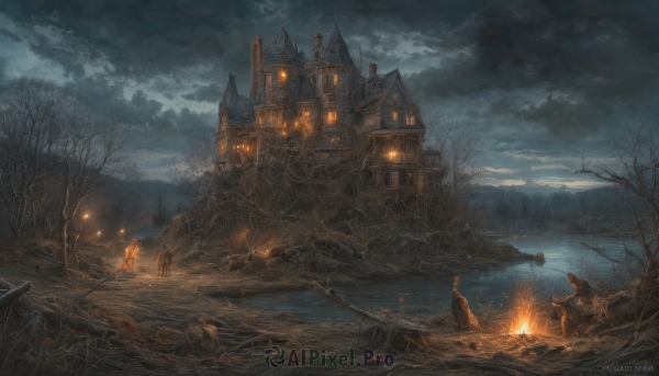 sitting,outdoors,multiple boys,sky,artist name,cloud,signature,water,tree,night,cloudy sky,fire,building,scenery,smoke,lantern,fantasy,watercraft,house,bare tree,castle,burning,campfire,standing,weapon,sword,nature,dark,multiple others,torch