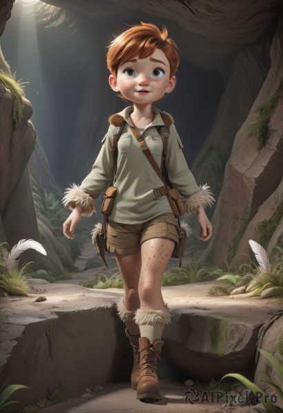 solo,looking at viewer,short hair,blue eyes,brown hair,shirt,long sleeves,1boy,standing,full body,male focus,boots,outdoors,shorts,socks,bag,tree,lips,fur trim,brown footwear,sunlight,backpack,grass,feathers,child,nature,forest,freckles,walking,light rays,male child,dirty,brown shorts,fur-trimmed boots,smile,open mouth,red hair,rock