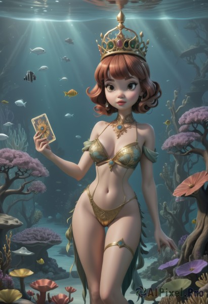 1girl,solo,breasts,looking at viewer,short hair,bangs,brown hair,navel,holding,cleavage,brown eyes,jewelry,medium breasts,standing,swimsuit,flower,bikini,earrings,artist name,water,lips,makeup,thigh strap,cameltoe,watermark,thigh gap,sunlight,crown,lipstick,gem,web address,fish,light rays,underwater,card,air bubble,thighlet,highleg bikini,sunbeam,mushroom,bikini armor,shell,holding card,coral,seaweed,clownfish,blush,bare shoulders,collarbone,thighs,outdoors,parted lips,day,necklace,stomach,armor,tree,groin,fingernails,highleg,armlet,arm at side,bubble,curly hair,legs together,red lips,flipped hair,yellow bikini,submerged,jellyfish