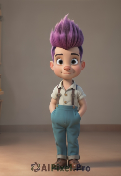 solo,looking at viewer,smile,shirt,1boy,brown eyes,closed mouth,standing,full body,white shirt,purple hair,male focus,multicolored hair,shoes,collared shirt,pants,artist name,shadow,brown footwear,suspenders,aged down,denim,spiked hair,child,hands in pockets,blue pants,overalls,male child,watermark