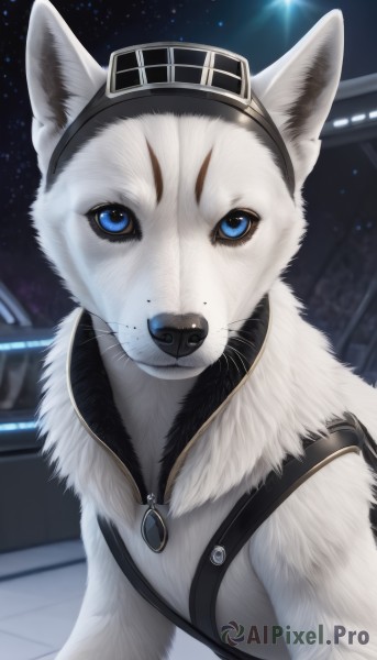 solo,looking at viewer,blue eyes,upper body,sky,no humans,night,animal,scar,cat,star (sky),zipper,dog,realistic,animal focus,whiskers,clothed animal,closed mouth,hairband,space,white fur,wolf