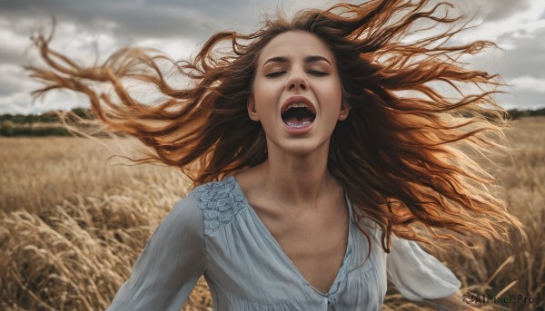 1girl,solo,long hair,open mouth,brown hair,shirt,dress,collarbone,closed eyes,upper body,outdoors,sky,teeth,day,cloud,white dress,blurry,flat chest,floating hair,cloudy sky,wind,facing viewer,realistic,field,grey sky,uvula,looking at viewer,long sleeves,jewelry,earrings,tongue,horror (theme),what,screaming