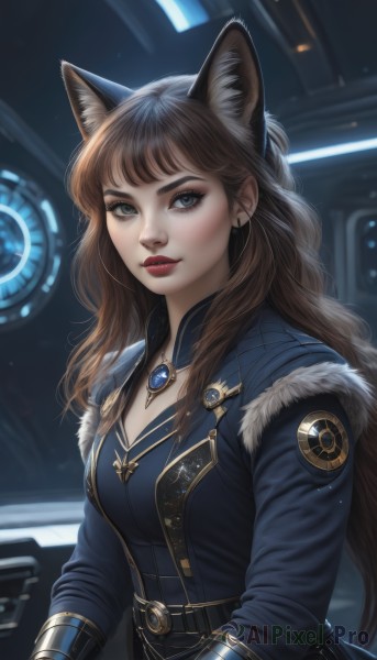 1girl,solo,long hair,breasts,looking at viewer,bangs,blue eyes,brown hair,gloves,long sleeves,animal ears,cleavage,jewelry,medium breasts,closed mouth,upper body,earrings,belt,indoors,cat ears,blurry,lips,coat,animal ear fluff,grey eyes,fur trim,eyelashes,makeup,blurry background,lipstick,brooch,eyeshadow,nose,red lips,jacket,open clothes,artist name,signature,necklace,wavy hair,wolf ears,thick eyebrows,gem,extra ears,pendant,freckles,realistic