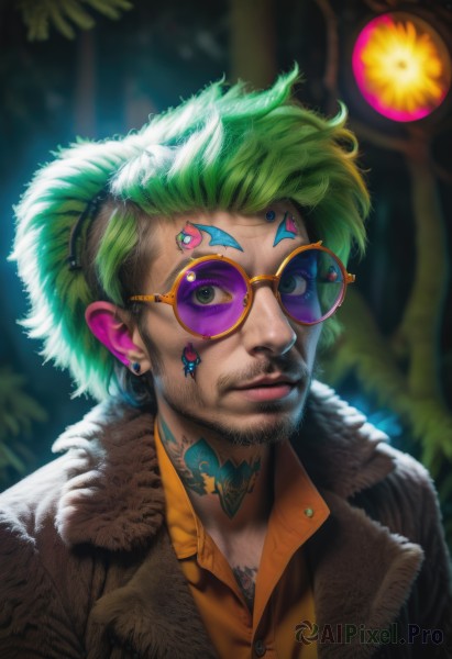 solo,looking at viewer,shirt,1boy,jewelry,closed mouth,green eyes,jacket,upper body,male focus,multicolored hair,earrings,green hair,glasses,collared shirt,blurry,lips,coat,fur trim,tattoo,blurry background,facial hair,facial mark,piercing,sunglasses,ear piercing,portrait,beard,realistic,nose,tinted eyewear,short hair,choker,bug,mustache,facial tattoo