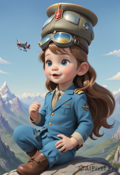 1girl,solo,long hair,smile,open mouth,blue eyes,brown hair,shirt,long sleeves,hat,sitting,jacket,full body,white shirt,boots,outdoors,necktie,sky,teeth,day,collared shirt,pants,cloud,uniform,blue sky,military,military uniform,brown footwear,blue jacket,goggles,clenched hand,child,pocket,goggles on head,military hat,rock,mountain,aircraft,airplane,breast pocket,goggles on headwear,lips,flying,medal,world war ii,helicopter