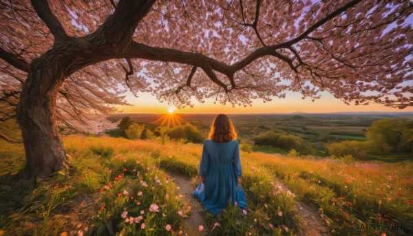 1girl, solo, long hair, brown hair, dress, sitting, flower, outdoors, sky, from behind, tree, blue dress, sunlight, grass, scenery, pink flower, sunset, sun, facing away, field