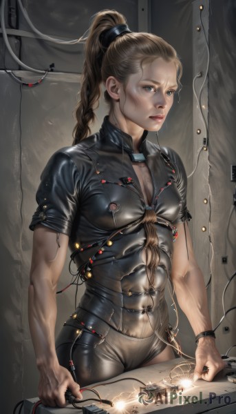 1girl,solo,long hair,breasts,blue eyes,blonde hair,brown hair,medium breasts,standing,ponytail,braid,small breasts,lips,single braid,bodysuit,skin tight,science fiction,realistic,electricity,cable,cyberpunk,wire,short sleeves,indoors,covered nipples,covered navel,muscular,abs,watch,nose,muscular female,covered abs,laser