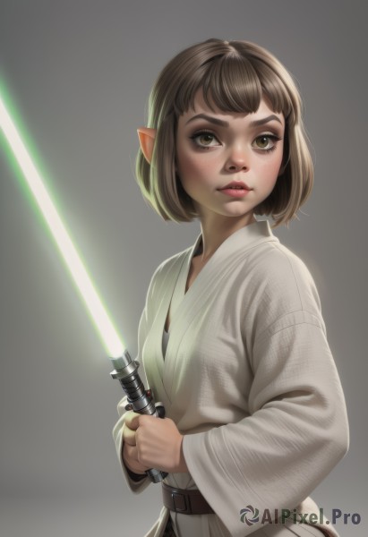 1girl,solo,looking at viewer,short hair,bangs,simple background,brown hair,long sleeves,holding,brown eyes,closed mouth,upper body,weapon,pointy ears,belt,sword,grey background,holding weapon,lips,holding sword,thick eyebrows,freckles,robe,realistic,nose,dougi,energy sword,white robe,lightsaber,makeup,science fiction,tunic