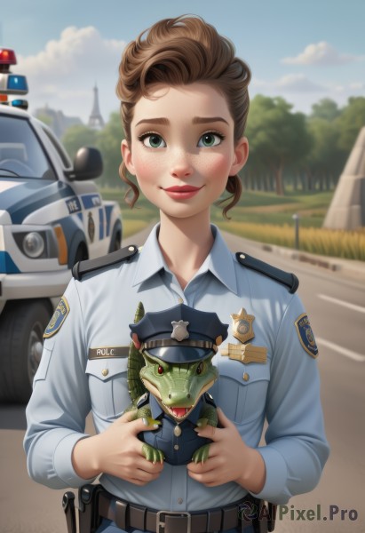 1girl,solo,looking at viewer,smile,short hair,brown hair,shirt,long sleeves,hat,holding,closed mouth,green eyes,upper body,outdoors,sky,day,collared shirt,belt,cloud,blurry,uniform,tree,blue sky,lips,blurry background,blue shirt,ground vehicle,motor vehicle,freckles,pocket,car,road,holster,holding animal,badge,police,police uniform,policewoman,police hat,walkie-talkie,weapon,gun,doll,realistic,nose,toy,holding doll,utility belt