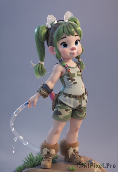 1girl,solo,long hair,smile,blue eyes,simple background,hair ornament,twintails,jewelry,standing,full body,boots,green hair,shorts,belt,grey background,water,flat chest,fur trim,suspenders,tank top,child,freckles,overalls,green shorts,blue background,brown footwear,animal print,bubble,camouflage,hose