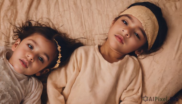 long hair,looking at viewer,blue eyes,multiple girls,brown hair,black hair,hair ornament,2girls,jewelry,upper body,hairband,earrings,lying,parted lips,on back,lips,siblings,from above,sisters,child,realistic,female child,flower,dark skin,black eyes,dark-skinned female,headband,aged down,mother and daughter,dirty,baby