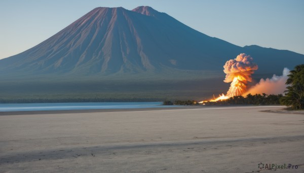 outdoors,sky,day,water,tree,blue sky,no humans,beach,fire,nature,scenery,forest,mountain,sand,road,landscape,mountainous horizon,burning,cloud,ocean,smoke,explosion