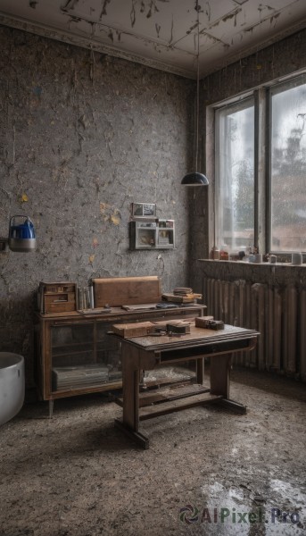 day,indoors,tree,cup,book,no humans,window,chair,table,bottle,curtains,box,scenery,reflection,wooden floor,mirror,lamp,wall,stool,shelf,sink,cabinet,star (symbol),gun,plant,couch,desk,plate,rain,glass,painting (object),radio