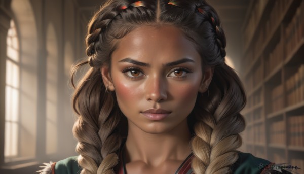 1girl,solo,long hair,looking at viewer,blush,smile,bangs,brown hair,brown eyes,jewelry,closed mouth,collarbone,braid,multicolored hair,shiny,artist name,indoors,dark skin,blurry,twin braids,dark-skinned female,lips,book,eyelashes,window,depth of field,blurry background,portrait,hair over shoulder,forehead,freckles,realistic,nose,bookshelf,multiple braids,blonde hair,black hair,earrings,sunlight,backlighting,library