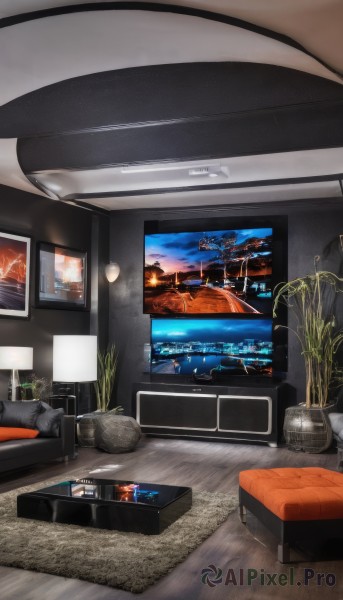 sky,cloud,indoors,tree,pillow,no humans,window,chair,table,plant,building,scenery,couch,reflection,wooden floor,potted plant,lamp,computer,television,carpet,rug,cup,bed,night,bottle,clock