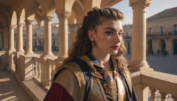 1girl,solo,long hair,looking at viewer,brown hair,brown eyes,jewelry,closed mouth,upper body,earrings,outdoors,sky,solo focus,day,cape,armor,lips,makeup,shadow,wavy hair,lipstick,building,gem,scenery,red lips,pillar,column,sunlight,backlighting,stairs,realistic,nose,architecture,arch