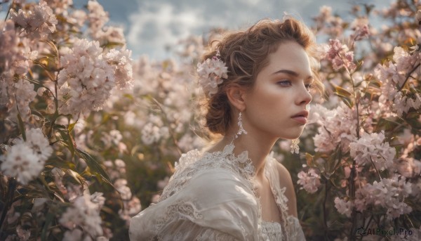 1girl, solo, short hair, blue eyes, brown hair, hair ornament, dress, jewelry, upper body, flower, earrings, outdoors, day, hair flower, blurry, lips, depth of field, blurry background, realistic, nose