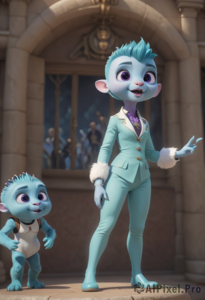 1girl,looking at viewer,smile,short hair,open mouth,shirt,long sleeves,1boy,animal ears,blue hair,standing,purple eyes,jacket,full body,multiple boys,teeth,collared shirt,pants,artist name,indoors,blurry,blurry background,colored skin,formal,suit,blue shirt,pointing,furry,blue skin,furry female,furry male,blue fur,jewelry,male focus,necklace,fur trim,buck teeth