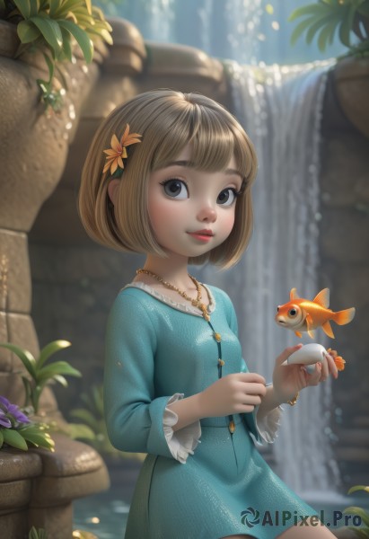 1girl,solo,looking at viewer,smile,short hair,bangs,brown hair,hair ornament,long sleeves,dress,holding,jewelry,sitting,closed mouth,flower,small breasts,outdoors,parted lips,day,artist name,hair flower,water,necklace,blurry,black eyes,bracelet,lips,blue dress,animal,short dress,bob cut,plant,child,fish,rock,nose,red lips,female child,waterfall,aqua dress,breasts,blush,blue eyes,brown eyes,collarbone,blunt bangs,nail polish,fingernails,eyelashes,makeup,buttons,watermark,sunlight,polka dot,frilled sleeves,web address,freckles,realistic,goldfish