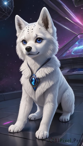 solo,looking at viewer,smile,blue eyes,jewelry,sitting,full body,artist name,signature,necklace,no humans,animal,gem,star (sky),pendant,starry sky,reflection,dog,realistic,space,animal focus,blue gemstone,sky,watermark,web address,crystal