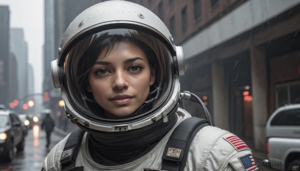 1girl,solo,looking at viewer,smile,short hair,brown hair,black hair,brown eyes,closed mouth,upper body,outdoors,solo focus,blurry,lips,depth of field,blurry background,helmet,ground vehicle,building,portrait,motor vehicle,freckles,reflection,science fiction,city,realistic,nose,car,american flag,spacesuit,japanese flag,space helmet,united states,astronaut,parted lips,artist name,signature,rain,road,police,street