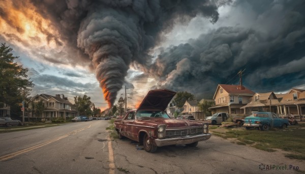 outdoors, sky, cloud, tree, no humans, cloudy sky, fire, ground vehicle, building, scenery, motor vehicle, smoke, car, road, house, vehicle focus, power lines, street