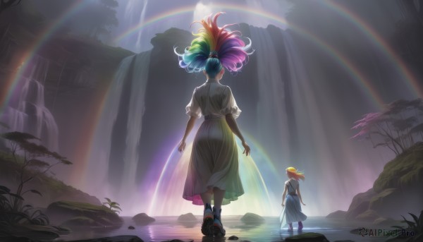 long hair,multiple girls,blonde hair,dress,2girls,blue hair,standing,ponytail,pink hair,short sleeves,multicolored hair,outdoors,shoes,socks,water,from behind,white dress,tree,scenery,rainbow,waterfall,rainbow hair,skirt,shirt,twintails,white shirt,red hair,green hair,orange hair,aqua hair,floating hair,grass,walking,long skirt,facing away