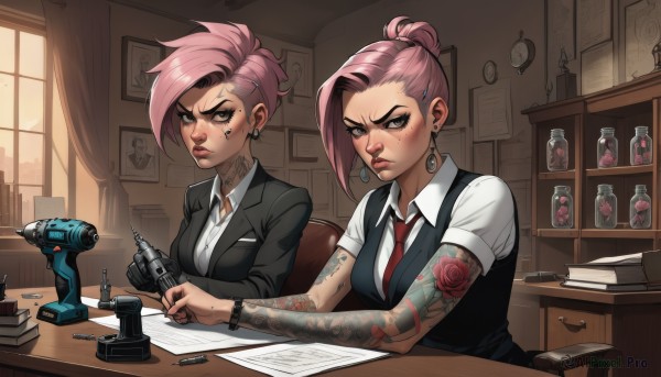 breasts,looking at viewer,short hair,multiple girls,shirt,hair ornament,2girls,jewelry,medium breasts,sitting,jacket,white shirt,weapon,pink hair,flower,short sleeves,earrings,necktie,alternate costume,hairclip,collared shirt,indoors,hair bun,vest,lips,gun,book,window,tattoo,makeup,rose,scar,chair,piercing,formal,single hair bun,bottle,suit,red necktie,ear piercing,desk,dual persona,watch,paper,clock,wristwatch,arm tattoo,facial tattoo,mascara,neck tattoo,nose piercing,ponytail,mole,siblings,aged down,sisters,handgun,freckles,mother and daughter,undercut,revolver,office,hourglass