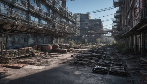 outdoors,sky,day,tree,blue sky,no humans,window,ground vehicle,building,scenery,motor vehicle,city,sign,car,road,cityscape,cable,ruins,power lines,street,utility pole,railroad tracks,real world location,sunlight,plant,stairs,lamppost