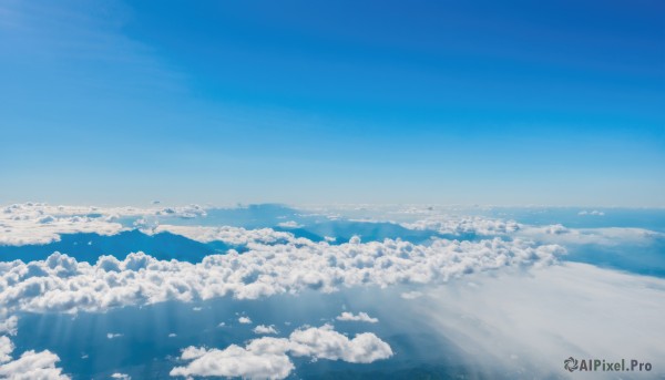 monochrome,outdoors,sky,day,cloud,water,blue sky,no humans,bird,ocean,beach,sunlight,cloudy sky,scenery,blue theme,mountain,horizon,landscape,above clouds