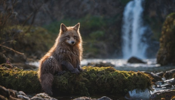 outdoors, water, blurry, tree, no humans, depth of field, blurry background, animal, nature, scenery, forest, rock, wolf, waterfall