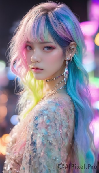 1girl,solo,long hair,looking at viewer,bangs,dress,brown eyes,jewelry,closed mouth,blue hair,upper body,pink hair,multicolored hair,earrings,choker,necklace,blurry,from side,two-tone hair,lips,see-through,looking to the side,makeup,depth of field,blurry background,piercing,gem,ear piercing,eyeshadow,realistic,nose,bokeh,blonde hair,blunt bangs,eyelashes,gradient hair,wavy hair,lipstick,pink lips,mascara,pearl (gemstone)