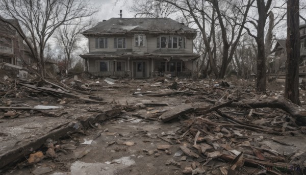 outdoors,sky,day,tree,no humans,window,building,scenery,snow,road,ruins,house,winter,bare tree,debris,rubble,broken window,cloud,ground vehicle,motor vehicle,rock,car