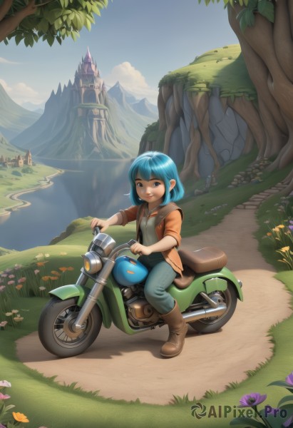 1girl,solo,looking at viewer,smile,short hair,open mouth,bangs,blue eyes,shirt,brown eyes,blue hair,jacket,flower,boots,outdoors,open clothes,sky,teeth,day,pants,artist name,cloud,blunt bangs,water,open jacket,tree,blue sky,brown footwear,knee boots,grass,denim,ground vehicle,nature,scenery,motor vehicle,sleeves rolled up,brown jacket,jeans,mountain,blue pants,road,riding,bridge,motorcycle,river,landscape,path,on motorcycle,sitting,full body,short sleeves,parted lips,solo focus,tongue,tongue out,watermark,child,rock,purple flower,leather,castle,mountainous horizon,sleeves pushed up,cliff