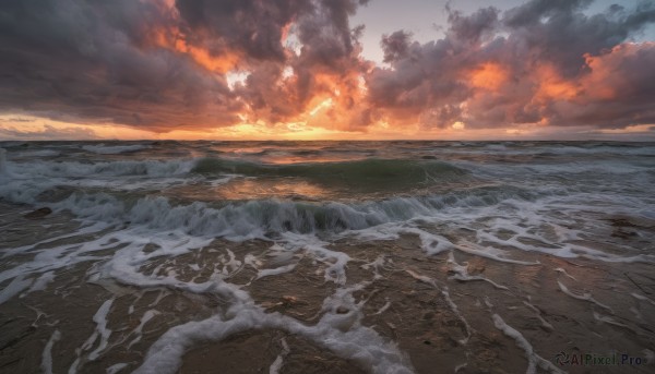 outdoors,sky,cloud,water,no humans,ocean,beach,cloudy sky,fire,scenery,smoke,sunset,sand,sun,horizon,explosion,waves,shore,burning