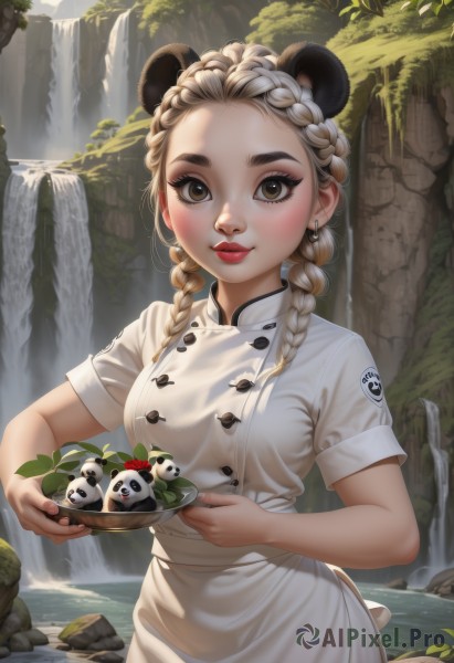 1girl,solo,long hair,breasts,looking at viewer,blush,smile,blonde hair,dress,holding,animal ears,brown eyes,jewelry,medium breasts,closed mouth,braid,short sleeves,cowboy shot,earrings,outdoors,food,artist name,water,white dress,twin braids,lips,makeup,buttons,chinese clothes,china dress,forehead,wading,red lips,braided bangs,waterfall,panda,panda ears,multiple braids,brown hair,shirt,upper body,grey hair,day,apron,fake animal ears,leaf,thick eyebrows,nature,white apron,carrying,extra ears,plate,tray,nose,raccoon ears,holding tray,chef,stream