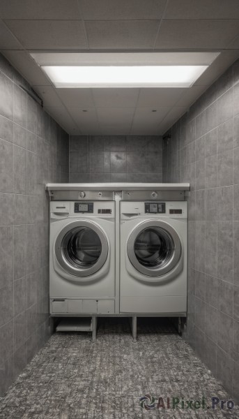 monochrome,greyscale,indoors,no humans,scenery,wooden floor,door,tiles,tile floor,floor,ceiling,ceiling light,washing machine,solo,wall,tile wall,grey theme