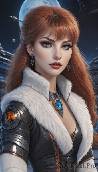 1girl,solo,long hair,breasts,looking at viewer,brown hair,hair ornament,cleavage,brown eyes,jewelry,medium breasts,upper body,earrings,sky,artist name,necklace,orange hair,lips,grey eyes,fur trim,eyelashes,makeup,night,moon,lipstick,star (sky),night sky,eyeshadow,starry sky,freckles,fur collar,realistic,nose,red lips,hair stick,eyeliner,planet,mascara,bangs,closed mouth,jacket,signature,gem,zipper,science fiction