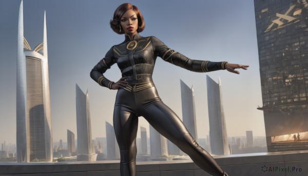 1girl,solo,breasts,looking at viewer,short hair,brown hair,gloves,brown eyes,jewelry,medium breasts,closed mouth,standing,outdoors,sky,pants,lips,hand on hip,bodysuit,makeup,feet out of frame,outstretched arm,lipstick,building,city,realistic,black bodysuit,cityscape,skyscraper,black hair,earrings,black gloves,mole,mole under mouth