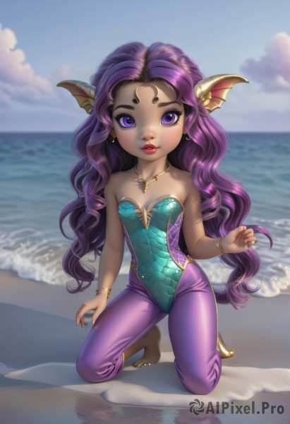 1girl,solo,long hair,breasts,looking at viewer,bare shoulders,jewelry,very long hair,purple eyes,collarbone,swimsuit,full body,purple hair,earrings,small breasts,outdoors,parted lips,sky,barefoot,teeth,day,pants,artist name,cloud,dark skin,water,necklace,nail polish,blurry,bracelet,leotard,dark-skinned female,blue sky,lips,fingernails,eyelashes,kneeling,strapless,makeup,blurry background,ocean,wavy hair,facial mark,beach,cloudy sky,lipstick,monster girl,crescent,red nails,strapless leotard,long fingernails,toenails,curly hair,forehead mark,sand,anklet,horizon,red lips,head fins,forehead jewel,bangs,hair ornament,signature,parted bangs,watermark,thick eyebrows,head wings,web address,multicolored clothes,pendant,reflection,bangle,scales,gold,purple leotard,mascara,purple pants