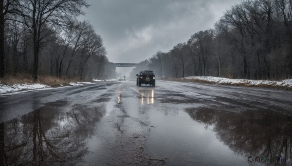 outdoors,sky,cloud,water,tree,no humans,cloudy sky,ground vehicle,nature,scenery,motor vehicle,snow,forest,reflection,rain,car,road,winter,bare tree,fog,grey sky,overcast,day,building,ice,reflective water