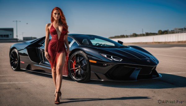 1girl,solo,long hair,breasts,looking at viewer,large breasts,brown hair,dress,cleavage,jewelry,medium breasts,standing,outdoors,shoes,high heels,legs,shadow,red dress,ground vehicle,motor vehicle,realistic,car,vehicle focus,plunging neckline,sports car,red hair,orange hair,side slit,walking,long legs,evening gown