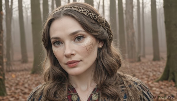 1girl,solo,long hair,looking at viewer,smile,brown hair,brown eyes,jewelry,closed mouth,hairband,earrings,outdoors,day,blurry,tree,lips,depth of field,blurry background,facial mark,portrait,nature,forehead,forest,freckles,curly hair,realistic,nose,parted lips,eyelashes,tattoo