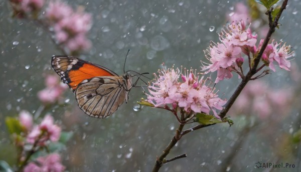 flower, outdoors, blurry, tree, petals, no humans, depth of field, bug, cherry blossoms, butterfly, scenery, pink flower, rain, blurry foreground, water drop, branch, still life, spring (season)