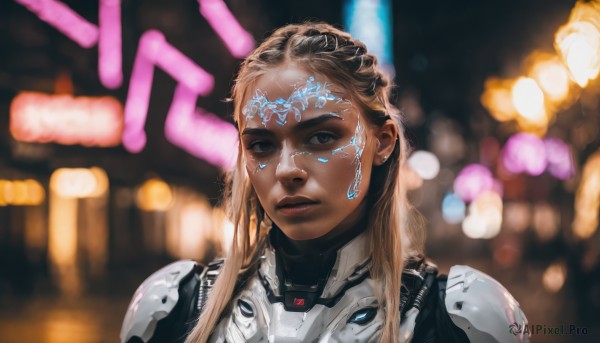 1girl,solo,long hair,looking at viewer,blonde hair,brown hair,black hair,brown eyes,upper body,multicolored hair,parted lips,dark skin,armor,blurry,black eyes,dark-skinned female,lips,depth of field,blurry background,facial mark,portrait,science fiction,realistic,nose,cyborg,power armor,cyberpunk,blue eyes,jewelry,earrings,bodysuit,neon lights