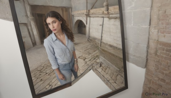 1girl,solo,long hair,breasts,looking at viewer,brown hair,shirt,hair ornament,cleavage,brown eyes,jewelry,medium breasts,standing,collarbone,white shirt,hairclip,collared shirt,belt,pants,bracelet,lips,window,from above,wavy hair,denim,sleeves rolled up,pocket,watch,jeans,door,wristwatch,breast pocket,wall,brick wall,from outside,realistic